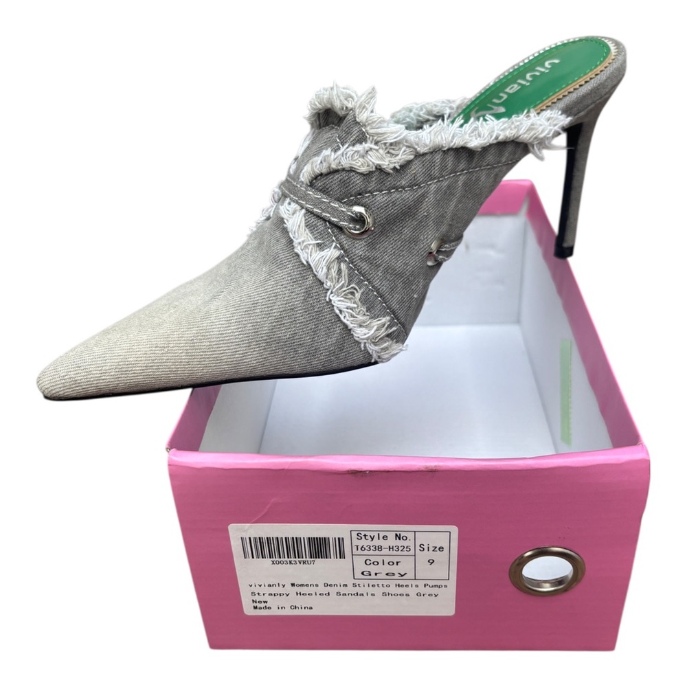 Vivianly Women’s 9 Gray Denim Pointed Toe Heels Mules Pumps Stilettos